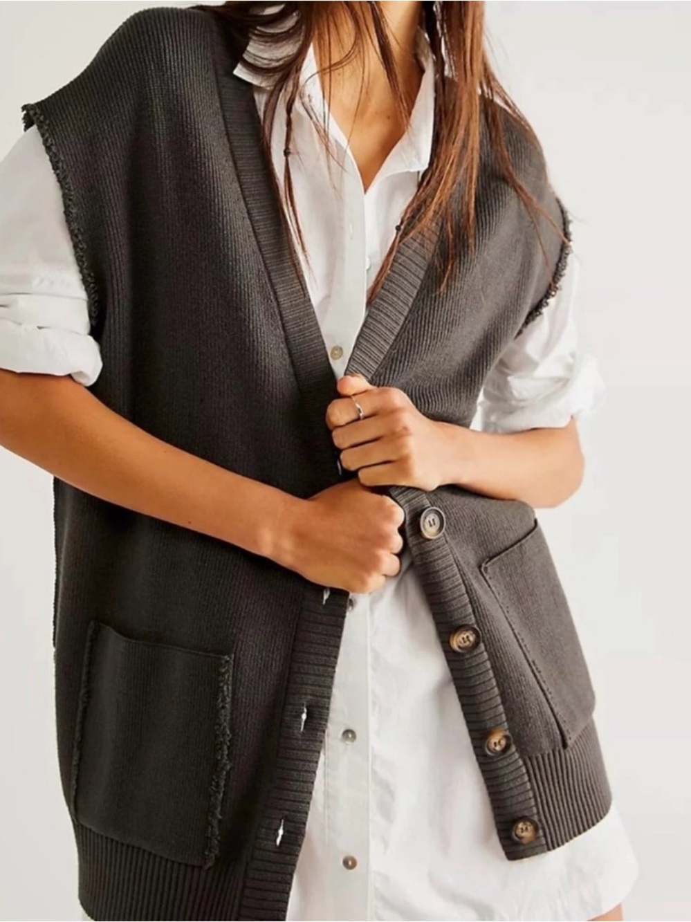 Free People Oakleigh Oversized Longline Sweater Vest Charcoal Brown – M